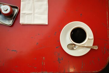 Overhead View of a Red Diner Table with Coffee - A captivating overhead shot of a diner table featuring a cup of coffee, silver spoon, napkin, ketchup, and bright red surface.