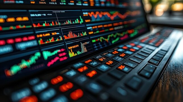 Stock market data on laptop screen with blurred background at night
