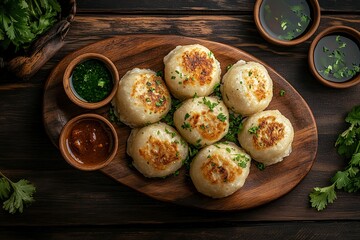 Photo of perfectly fried dumplings with the filling showing on an oval wooden plate.