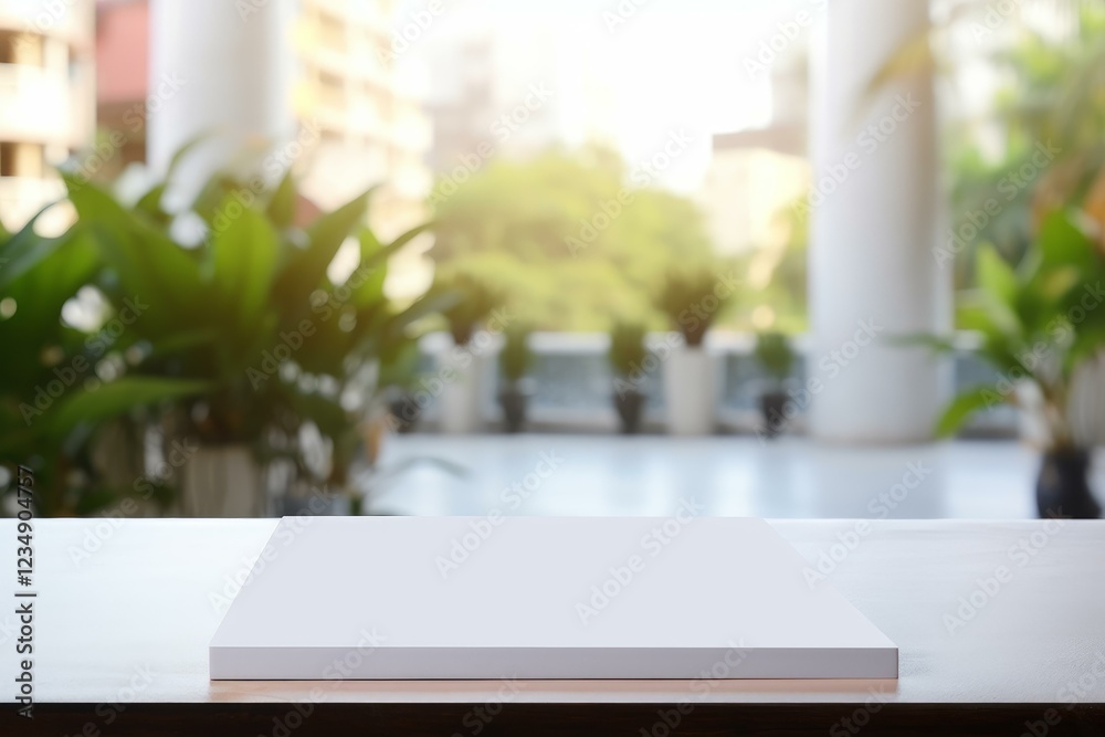 Poster empty white square platform on table with blurred building background presenting products