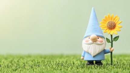 Charming garden gnome holding sunflower in vibrant garden setting