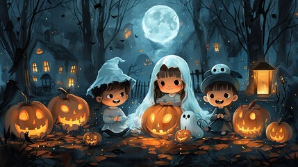 flat design, illustration, Haunted Halloween A group of kids uncovers a friendly ghost&rsquo;s secret. Illustration: Pumpkins, spooky houses, playful ghosts