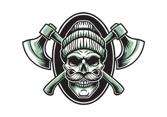 Vintage lumberjack skull in hat with crossed axes, isolated vector illustration