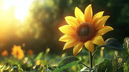 Obraz premium Sunflower at sunset in field, sunlit background