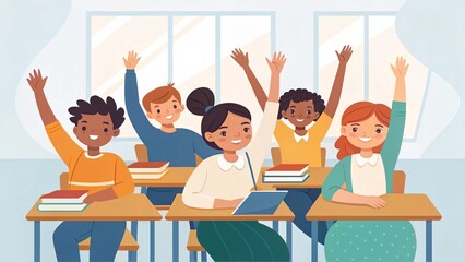 Engaging classroom interaction school illustration bright learning environment eye-level view energizing education concept with students raising hands