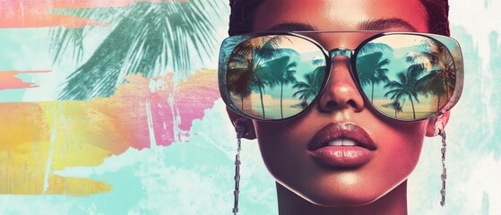 Closeup of a stylish biracial woman wearing oversized sunglasses reflecting a tropical beach with palm trees, vibrant colors, and a summer mood Concept of vacation, travel, and fashion