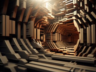 Fototapeta premium Futuristic Geometric Tunnel with Abstract Architecture, Sci-Fi Corridor, 3D Render, Modern Industrial Design, Digital Art, Symmetrical Patterns, High-Tech Environment
