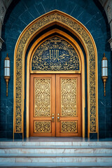 Grand Islamic Mosque Entrance with Intricate Golden Carvings and Arabic Inscriptions