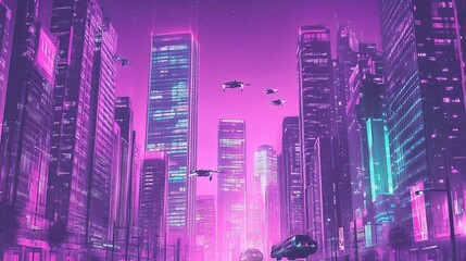 Fototapeta premium Cyberpunk city, drones flying, neon lights, futuristic vehicle, cityscape
