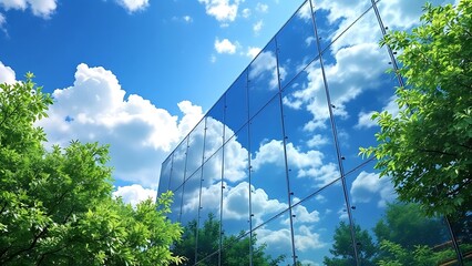 Exemplifying the ESG - Environmental, Social, Governance concept, a corporate glass building facade reflects green trees. Importance of integrating sustainability into business practice. Generative AI