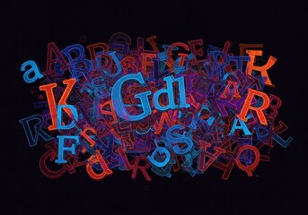 Obraz premium Vibrant array of multicolored neon letters on black background with overlapping typography