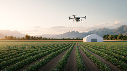 Drone surveying agricultural fields farm landscape aerial view technology