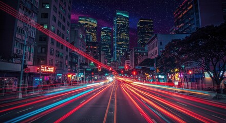 Fototapeta premium Vibrant city nightscape with light trails and skyline in urban setting