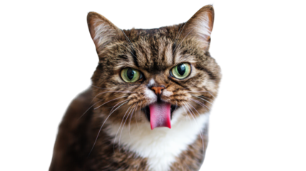 Portrait of tabby cat sticking out tongue on transparent background