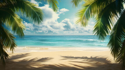 Sunny tropical beach with palm trees and clear blue water