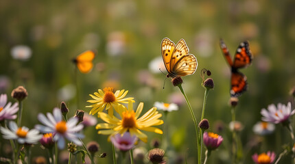 macro close-up of wildflowers and butterflies | generative AI