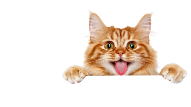 Ginger cat showing tongue and paws on transparent background