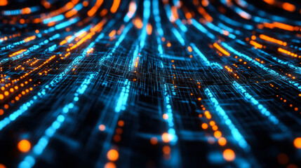 Close-up view of digital data flow and network technology in a futuristic setting