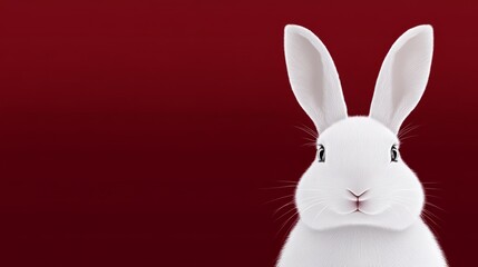 Obraz premium Playful Rabbit on Solid Red Background - A cheerful rabbit symbolizes innocence, playfulness, nature, joy, and curiosity against a striking red backdrop.