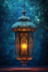 Fototapeta premium An Intricately Designed Moroccan Lantern Hangs, Glowing Warmly With A Candle Inside, Set Against A Dark, Moody Background.