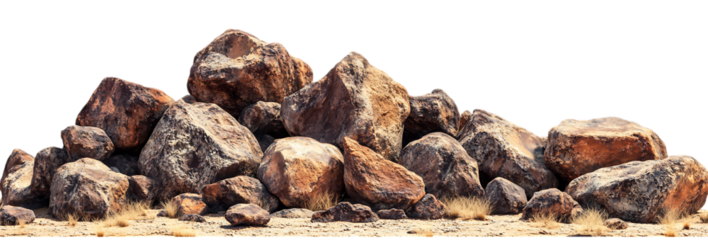 Pile of dark brown and reddish brown rocks on sand.