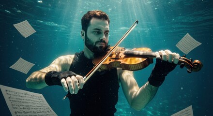 Fototapeta premium Underwater violinist: man performing with violin amid floating sheets in aquatic musical scene