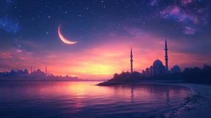 Naklejka premium A Serene Sunset Over A City With A Mosque, A Crescent Moon In The Sky, And Calm Water Reflecting The Scene. Perfect For Peaceful Contemplation.