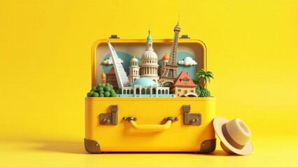 Opened yellow suitcase with famous monument on yellow background. Travel famous world attractions concept. 3d Render illustration