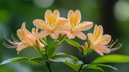 Fototapeta premium Delicate Pink Orange Flowers with Green Leaves Against Soft Background