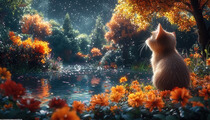 Kitten Gazing at Autumnal Pond Scene in Magical Forest