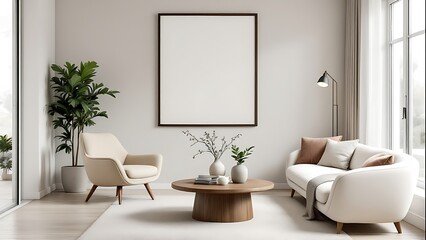 Frame mockup, paper size. Living room wall poster mockup. Interior mockup with house background. Modern interior design.