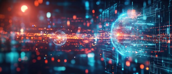 Obraz premium Abstract digital network with glowing spheres and lines, representing global connection, data flow, and futuristic technology in a vibrant, dynamic scene