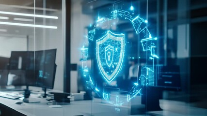 Digital shield visualizing cybersecurity network protection with advanced data processing in modern empty office environment, representing technological innovation - Powered by Adobe