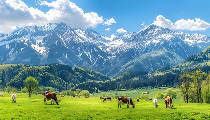 Cows grazing on the green meadow against the background of mountains