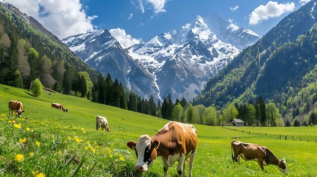 Cows grazing on the green meadow against the background of mountains