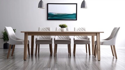 Fototapeta premium Modern dining room featuring a wooden table, elegant chairs, and serene artwork on the wall