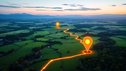 Aerial view of property mapping with location markers and connected lines highlighting land plots.
