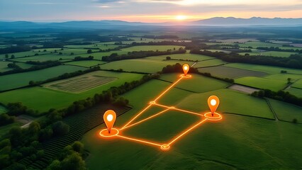 Aerial view of property mapping with location markers and connected lines highlighting land plots.