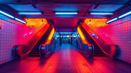 Futuristic Underground Subway Station with Branching Stairs and Neon Lighting
