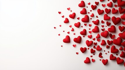 Scattered red hearts on a light background, symbolizing love and affection.