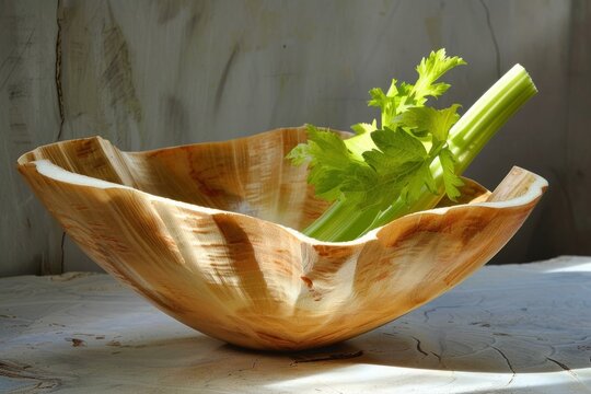 Fresh celery stalks with vibrant green leaves are placed in a beautifully handcrafted wooden bowl, showcasing natural textures and healthy ingredients - Powered by Adobe