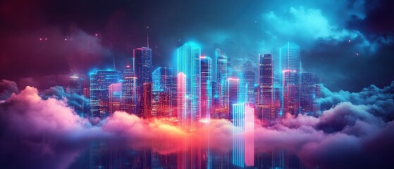 Obraz premium Futuristic cityscape with neon lights and clouds at night, showcasing a vibrant urban landscape with glowing skyscrapers and a dreamy atmosphere Concept of technology, fantasy, and modern architecture