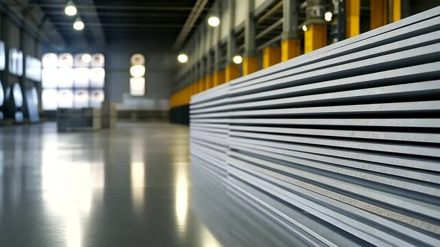 Close-up of gypsum drywall sheets stacked high in a pristine warehouse, their clean edges and uniform thickness highlighting their quality and readiness for installation.