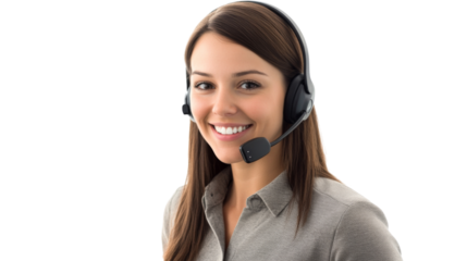 Smiling customer service representative wearing headset on transparent background