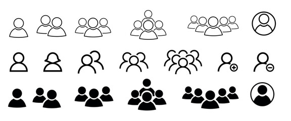 Line icons about people. Thin line icon set. Symbol collection in transparent background. Editable vector stroke.