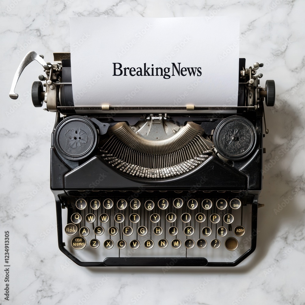 Poster vintage typewriter with breaking news typed on blank sheet in classic style. generative ai