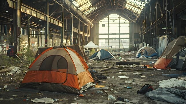 Makeshift Tent Campsite in Abandoned Industrial Setting Highlights Homelessness Crisis