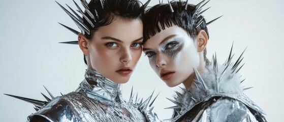 Two young white women with silver metallic spiked fashion and glitter makeup, posing closely in studio Concept of futuristic, edgy, and avantgarde style