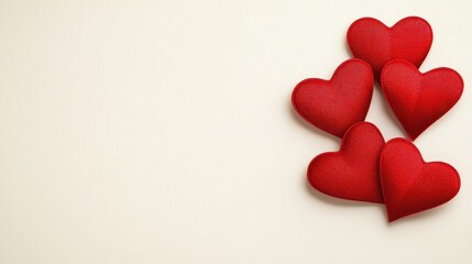 Fototapeta premium Red hearts arranged on a light background, symbolizing love and affection.