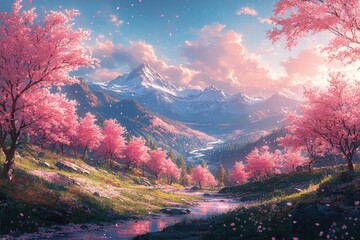 Serene Pink Blossom Valley Mountain Landscape
